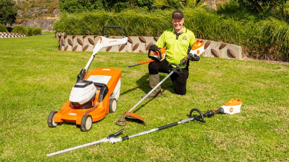 Green Acres franchisee Paul Butler with the Battery Powered Garden Equipment